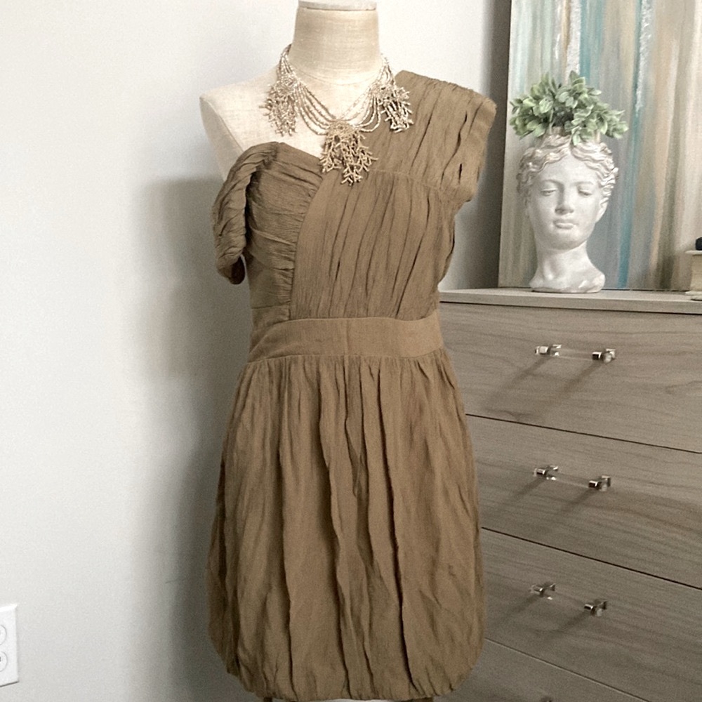 WAYNE COOPER - textured dress with asymmetrical collar and off shoulder drop.